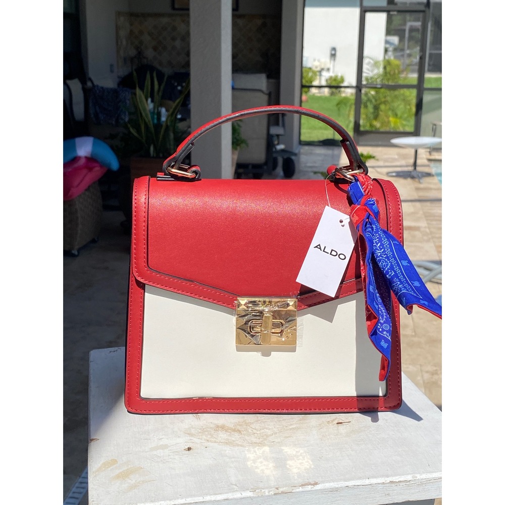 NWT Aldo Red Cream Colorblock Satchel Handbag with Scarf and Chain Strap NEW